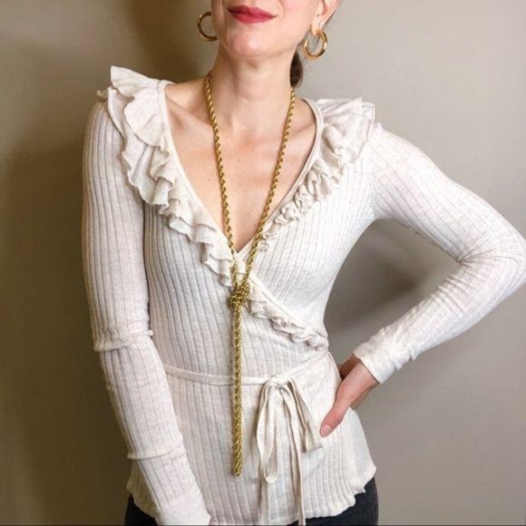 Vintage Sweaters - Vintage Y2K oat ruffle ribbed knit wrap sweater S